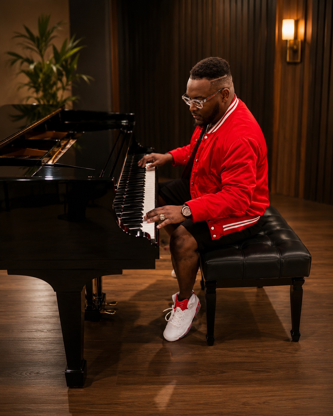 Sheldon Brown playing a grand piano in a red jacket